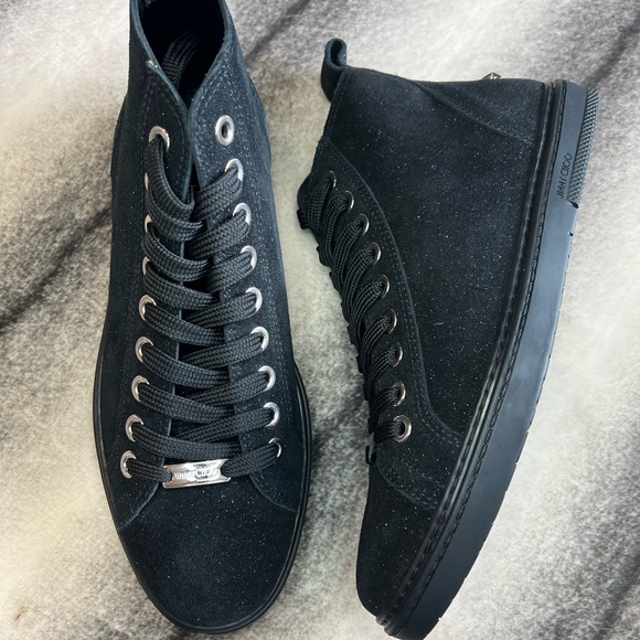 Jimmy Choo Colt Soft Glitter Black Suede Lace Up High Top Sneakers - Picture 1 of 12